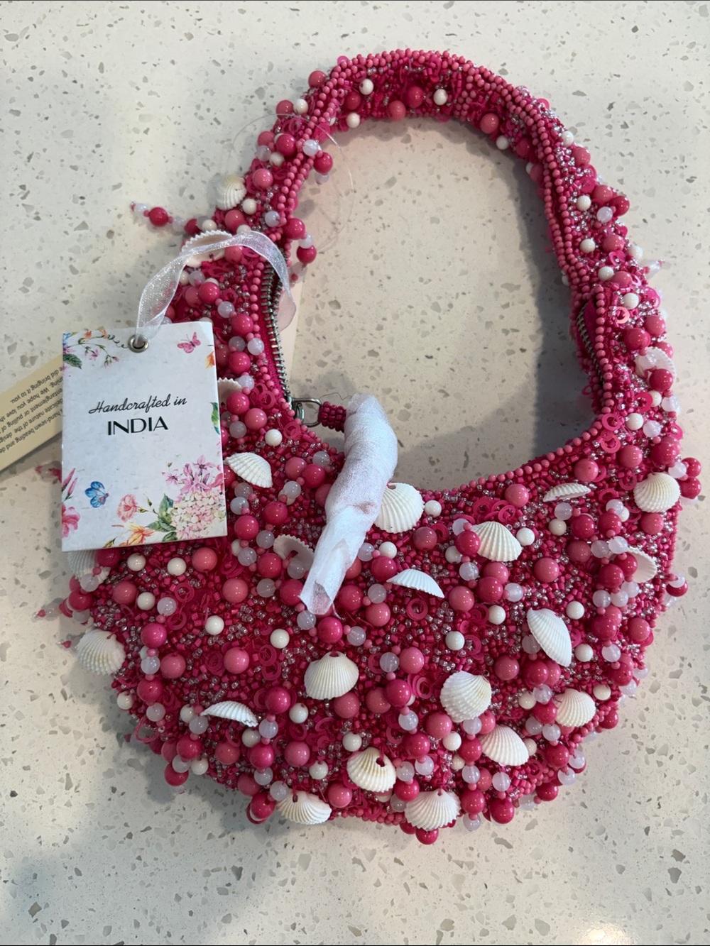 Handcrafted Pink Beaded Shell Accent Shoulder Bag
